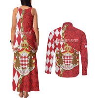 Monaco National Day Couples Matching Tank Maxi Dress and Long Sleeve Button Shirt Coat Of Arms Mix Red Carnation Pattern - Wonder Print Shop