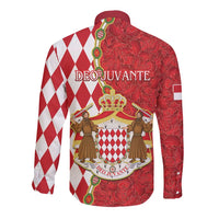 Monaco National Day Long Sleeve Button Shirt Coat Of Arms Mix Red Carnation Pattern - Wonder Print Shop