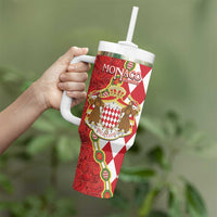 Monaco National Day Tumbler With Handle Coat Of Arms Mix Red Carnation Pattern - Wonder Print Shop
