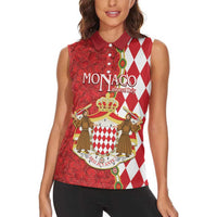 Monaco National Day Women Sleeveless Polo Shirt Coat Of Arms Mix Red Carnation Pattern - Wonder Print Shop