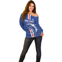 Custom Cape Verde Football Off Shoulder Sweater Go Champions Blue Sharks - Wonder Print Shop