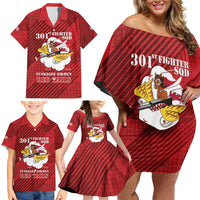 Personalized Tuskegee Airmen Red Tails Family Matching Off Shoulder Short Dress and Hawaiian Shirt 301st Fighter Squadron - Red - Wonder Print Shop