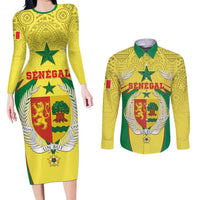 Personalised Senegal Couples Matching Long Sleeve Bodycon Dress and Long Sleeve Button Shirt Coat Of Arms Mix African Pattern - Wonder Print Shop
