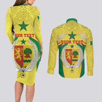 Personalised Senegal Couples Matching Long Sleeve Bodycon Dress and Long Sleeve Button Shirt Coat Of Arms Mix African Pattern - Wonder Print Shop