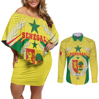 Personalised Senegal Couples Matching Off Shoulder Short Dress and Long Sleeve Button Shirt Coat Of Arms Mix African Pattern - Wonder Print Shop