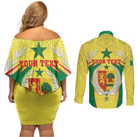 Personalised Senegal Couples Matching Off Shoulder Short Dress and Long Sleeve Button Shirt Coat Of Arms Mix African Pattern - Wonder Print Shop