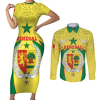 Personalised Senegal Couples Matching Short Sleeve Bodycon Dress and Long Sleeve Button Shirt Coat Of Arms Mix African Pattern - Wonder Print Shop