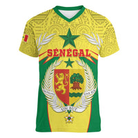 Personalised Senegal Women V-Neck T-Shirt Coat Of Arms Mix African Pattern - Wonder Print Shop