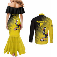 Custom Uganda Football Couples Matching Mermaid Dress and Long Sleeve Button Shirt Black Crowned Crane Mix Grunge Style - Yellow Color