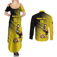 Custom Uganda Football Couples Matching Summer Maxi Dress and Long Sleeve Button Shirt Black Crowned Crane Mix Grunge Style - Yellow Color