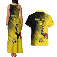 Custom Uganda Football Couples Matching Tank Maxi Dress and Hawaiian Shirt Black Crowned Crane Mix Grunge Style - Yellow Color