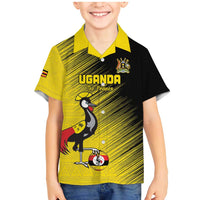 Custom Uganda Football Family Matching Mermaid Dress and Hawaiian Shirt Black Crowned Crane Mix Grunge Style - Yellow Color