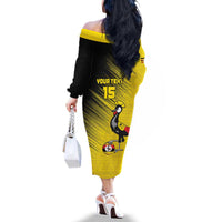 Custom Uganda Football Family Matching Off The Shoulder Long Sleeve Dress and Hawaiian Shirt Black Crowned Crane Mix Grunge Style - Yellow Color