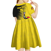 Custom Uganda Football Kid Short Sleeve Dress Black Crowned Crane Mix Grunge Style - Yellow Color