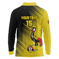 Custom Uganda Football Long Sleeve Polo Shirt Black Crowned Crane Mix Grunge Style - Yellow Color