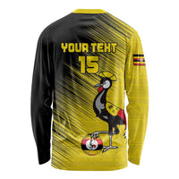 Custom Uganda Football Long Sleeve Shirt Black Crowned Crane Mix Grunge Style - Yellow Color