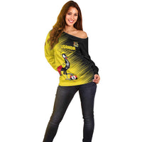 Custom Uganda Football Off Shoulder Sweater Black Crowned Crane Mix Grunge Style - Yellow Color