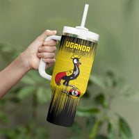 Custom Uganda Football Tumbler With Handle Black Crowned Crane Mix Grunge Style - Yellow Color