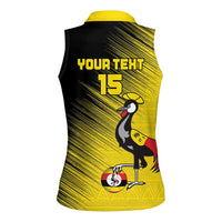 Custom Uganda Football Women Sleeveless Polo Shirt Black Crowned Crane Mix Grunge Style - Yellow Color