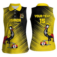 Custom Uganda Football Women Sleeveless Polo Shirt Black Crowned Crane Mix Grunge Style - Yellow Color