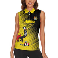 Custom Uganda Football Women Sleeveless Polo Shirt Black Crowned Crane Mix Grunge Style - Yellow Color