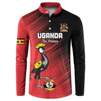 Custom Uganda Football Button Sweatshirt Black Crowned Crane Mix Grunge Style - Red Color