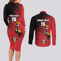 Custom Uganda Football Couples Matching Long Sleeve Bodycon Dress and Long Sleeve Button Shirt Black Crowned Crane Mix Grunge Style - Red Color
