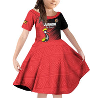 Custom Uganda Football Family Matching Off Shoulder Short Dress and Hawaiian Shirt Black Crowned Crane Mix Grunge Style - Red Color