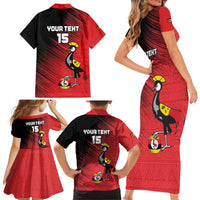 Custom Uganda Football Family Matching Short Sleeve Bodycon Dress and Hawaiian Shirt Black Crowned Crane Mix Grunge Style - Red Color