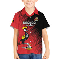 Custom Uganda Football Family Matching Short Sleeve Bodycon Dress and Hawaiian Shirt Black Crowned Crane Mix Grunge Style - Red Color