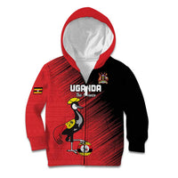 Custom Uganda Football Kid Hoodie Black Crowned Crane Mix Grunge Style - Red Color