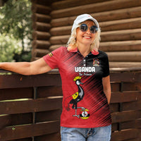 Custom Uganda Football Women Polo Shirt Black Crowned Crane Mix Grunge Style - Red Color