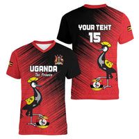 Custom Uganda Football Women V-Neck T-Shirt Black Crowned Crane Mix Grunge Style - Red Color