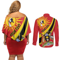 Personalized Uganda Couples Matching Off Shoulder Short Dress and Long Sleeve Button Shirt Black Crowned Crane With Coat Of Arms