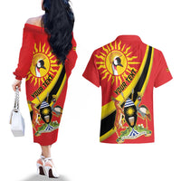 Personalized Uganda Couples Matching Off The Shoulder Long Sleeve Dress and Hawaiian Shirt Black Crowned Crane With Coat Of Arms