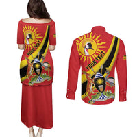 Personalized Uganda Couples Matching Puletasi and Long Sleeve Button Shirt Black Crowned Crane With Coat Of Arms