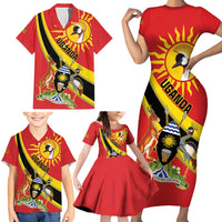 Personalized Uganda Family Matching Short Sleeve Bodycon Dress and Hawaiian Shirt Black Crowned Crane With Coat Of Arms