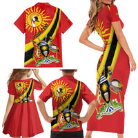 Personalized Uganda Family Matching Short Sleeve Bodycon Dress and Hawaiian Shirt Black Crowned Crane With Coat Of Arms