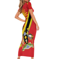 Personalized Uganda Family Matching Short Sleeve Bodycon Dress and Hawaiian Shirt Black Crowned Crane With Coat Of Arms
