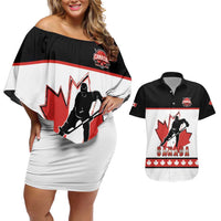 Custom Canada Ice Hockey Couples Matching Off Shoulder Short Dress and Hawaiian Shirt Go Team Canada