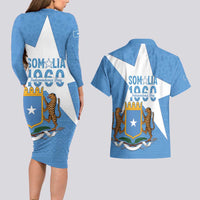 Personalized Somalia 1960 Independence Day Couples Matching Long Sleeve Bodycon Dress and Hawaiian Shirt Coat Of Arms Islamic Mix African Pattern