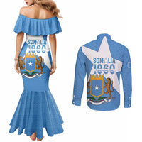 Personalized Somalia 1960 Independence Day Couples Matching Mermaid Dress and Long Sleeve Button Shirt Coat Of Arms Islamic Mix African Pattern