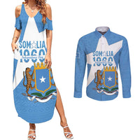 Personalized Somalia 1960 Independence Day Couples Matching Summer Maxi Dress and Long Sleeve Button Shirt Coat Of Arms Islamic Mix African Pattern