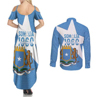 Personalized Somalia 1960 Independence Day Couples Matching Summer Maxi Dress and Long Sleeve Button Shirt Coat Of Arms Islamic Mix African Pattern