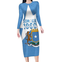 Personalized Somalia 1960 Independence Day Long Sleeve Bodycon Dress Coat Of Arms Islamic Mix African Pattern