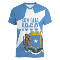 Personalized Somalia 1960 Independence Day Women V-Neck T-Shirt Coat Of Arms Islamic Mix African Pattern