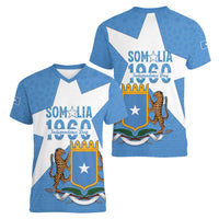 Personalized Somalia 1960 Independence Day Women V-Neck T-Shirt Coat Of Arms Islamic Mix African Pattern