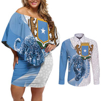 Somali Leopard Couples Matching Off Shoulder Short Dress and Long Sleeve Button Shirt Coat Of Arms Islamic Pattern