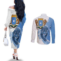 Somali Leopard Couples Matching Off The Shoulder Long Sleeve Dress and Long Sleeve Button Shirt Coat Of Arms Islamic Pattern
