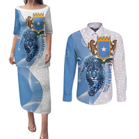 Somali Leopard Couples Matching Puletasi and Long Sleeve Button Shirt Coat Of Arms Islamic Pattern